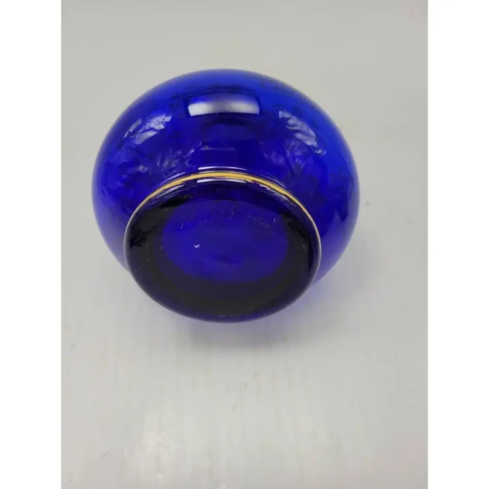 Vintage Cobalt Blue Glass Decanter Set Gold Floral Cordial Liqueur Shot Glasses